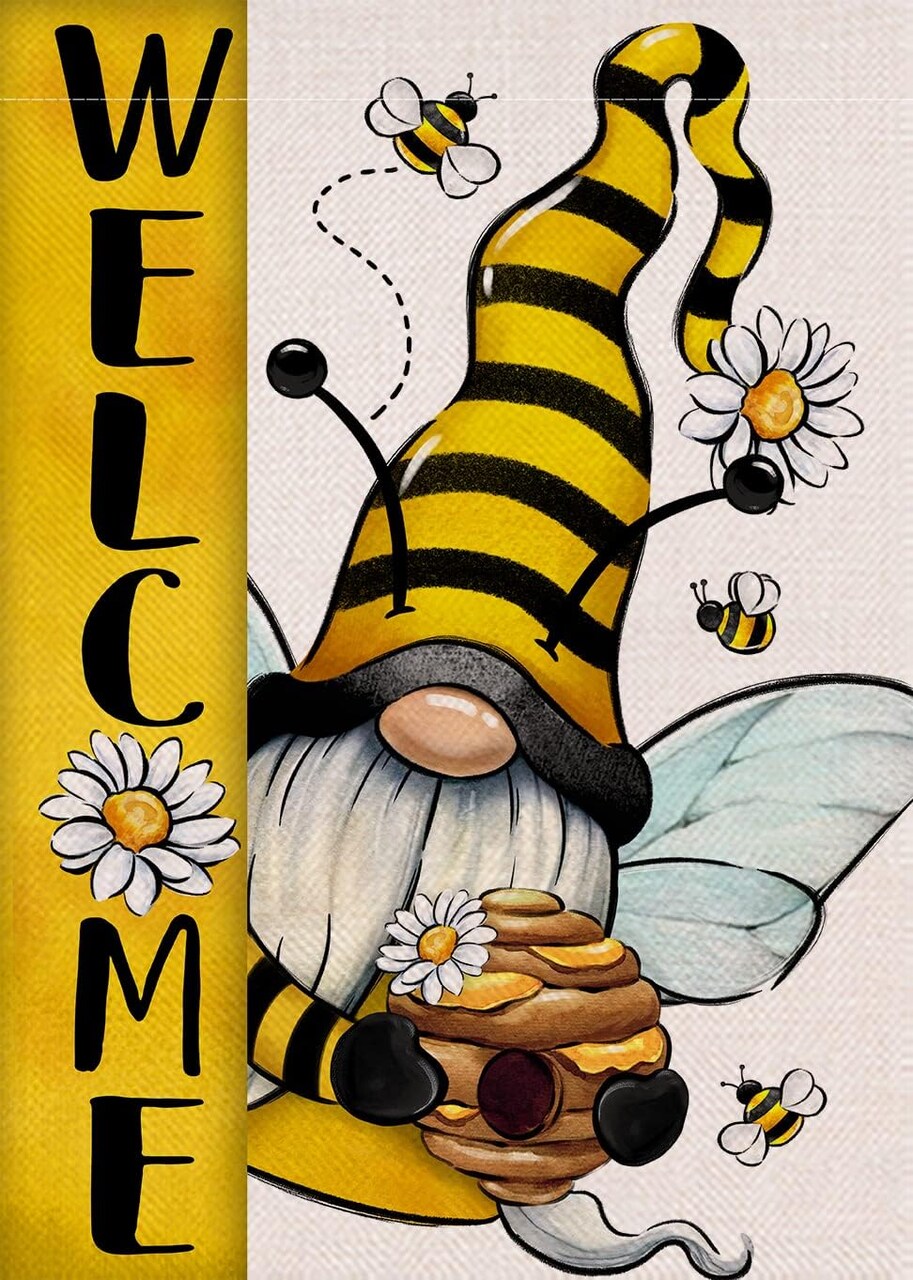 Welcome Spring Bumble Bee Gnome Decorative Garden Flag, Honeycomb Daisy Flower Spring Yard Outside Decorations